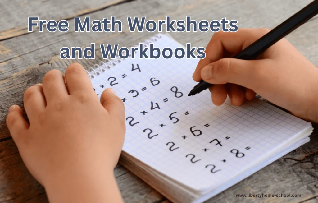 Free Math Worksheets for Kids: Practice Made Easy 2 "Child solving simple multiplication problems on a math worksheet notebook with text 'Free Math Worksheets and Workbooks