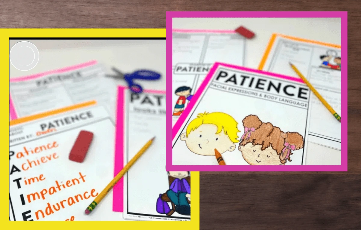 Building Patience in Children Through Daily Practice 2 Printable worksheets and colored pencils designed to help young students learn about patience through creative activities.