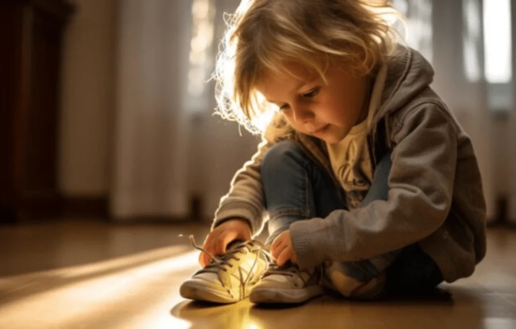 Building Patience in Children Through Daily Practice 3 Child practicing patience while tying shoelaces