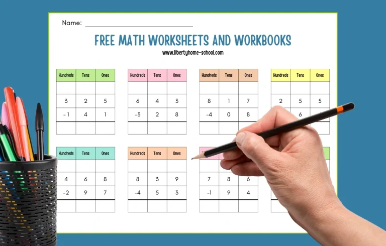 Child solving multiplication problems in a math workbook with the text "Free Math Worksheets and Workbooks" on top