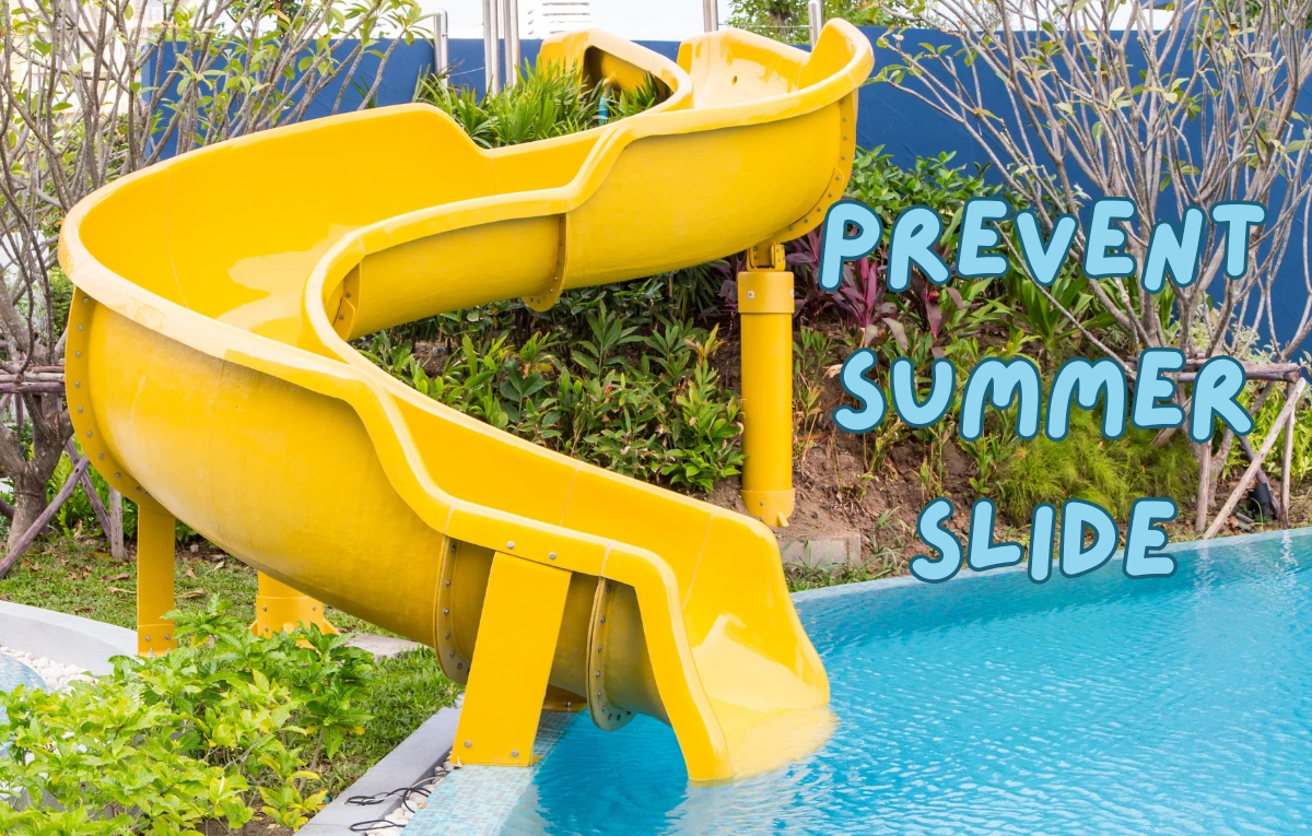 40 Free Activities to Prevent Summer Slide and Keep Kids Engaged. 1 Bright yellow water slide leading into a pool with text overlay “Prevent Summer Slide.”