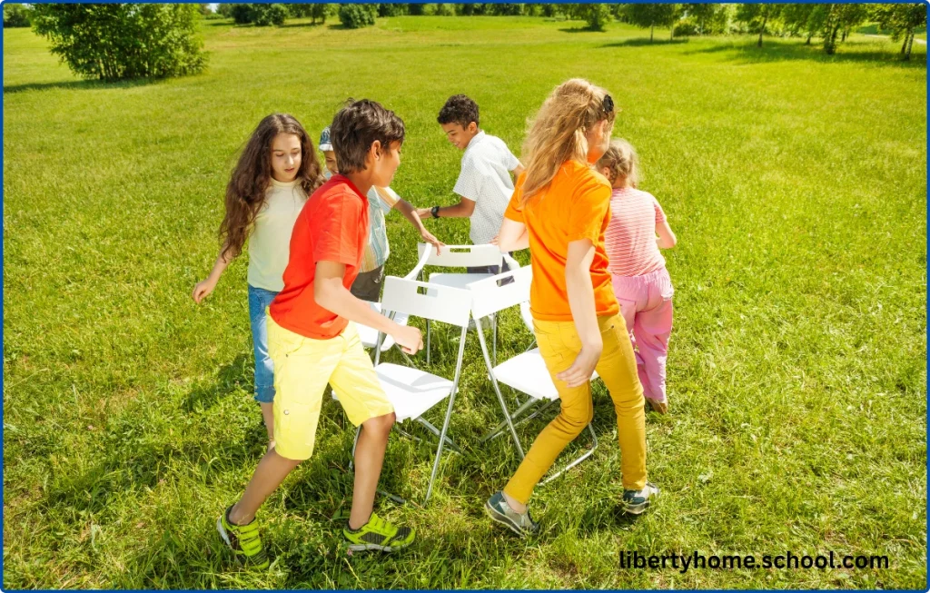15 PE Games for 10-Year-Olds at Home 9 Children circling chairs during a musical chairs game
