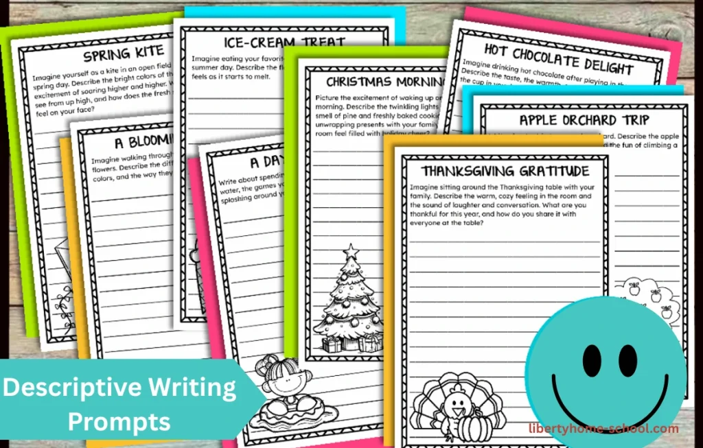 creative writing prompts for 10-year-olds 5 Colorful printable worksheet for children with descriptive writing prompts and drawing space.