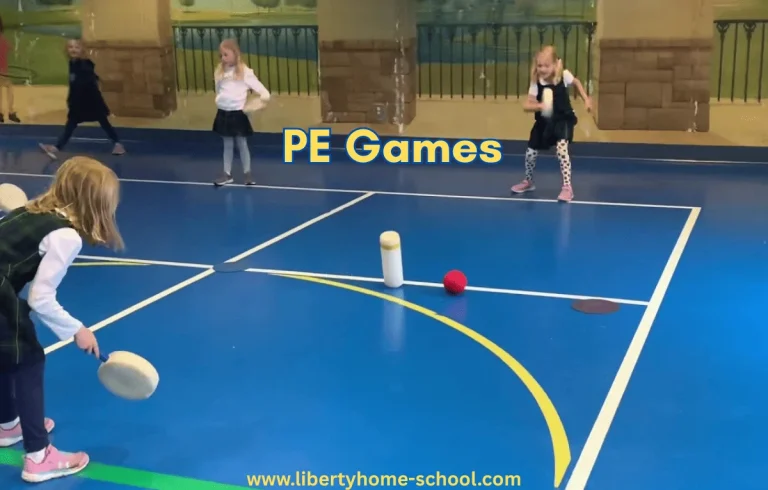 Group of energetic kids playing PE games indoors with colorful sports equipment