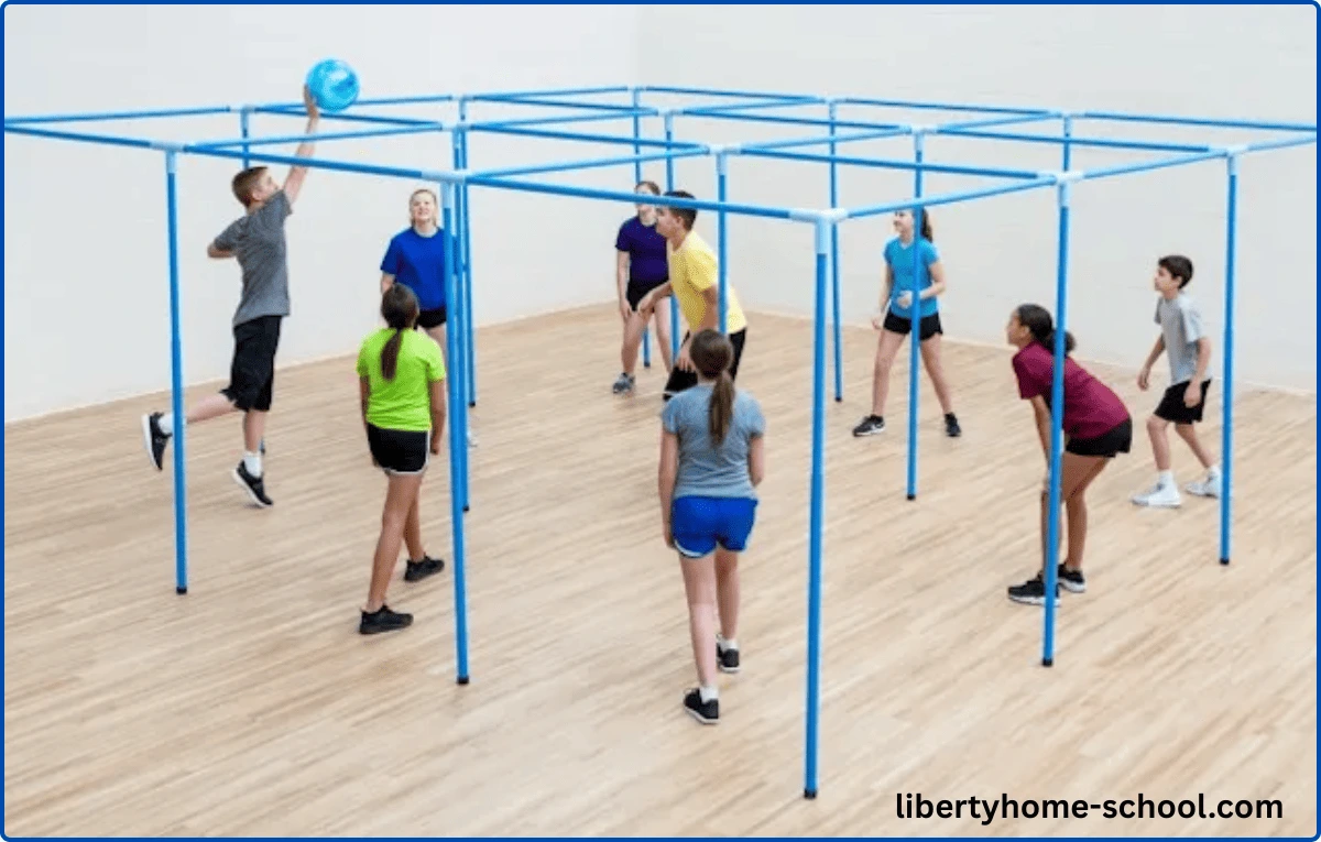 15 PE Games for 10-Year-Olds at Home 2 Children playing the 9 Square game with a colorful PVC frame outdoors PE Games