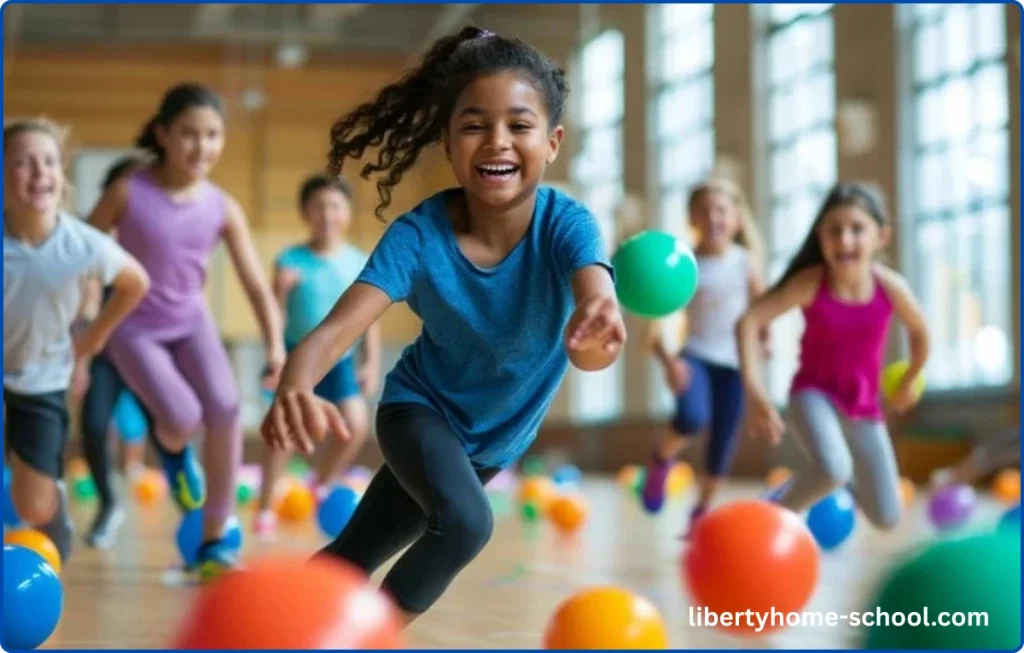 15 PE Games for 10-Year-Olds at Home 13 Children dodging and throwing balls during a dodgeball game