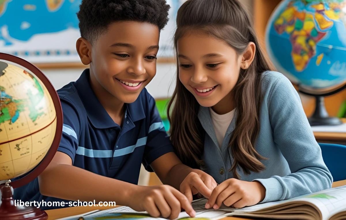 Engaging Social Studies Activities for 10-Year-Olds 2 "Two 10-year-old children doing a hands-on social studies project with maps and craft materials"Social Studies Activities for 10-Year-Olds