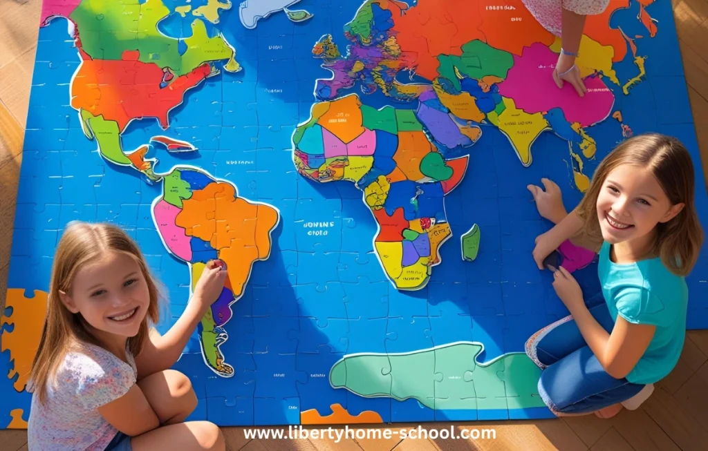 Engaging Social Studies Activities for 10-Year-Olds 5 Children putting together large world map puzzle pieces on the floor, learning continents and countries"