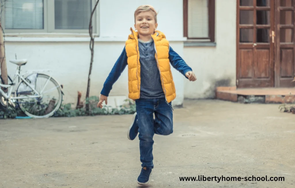 Daily Homeschool Schedule Ideas 3 10-year-old child jumping in the backyard during homeschool break