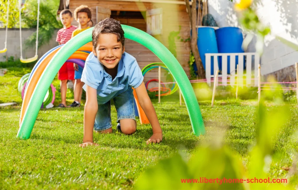 10 Summer Activities for Kids 4 Ropes, buckets, cones, pool noodles, and chalk lines arranged for a fun backyard obstacle course for children