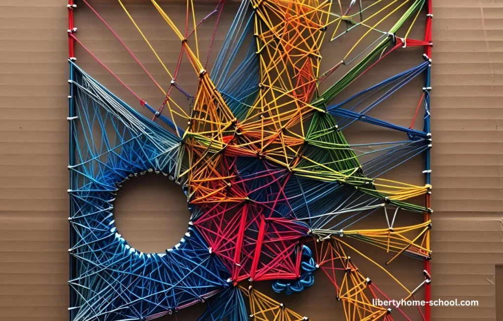 Top 12 Easy Art Projects for 10-Year-Olds at Home (Low-Cost & Fun DIY Crafts) 8 Heart-shaped string art on cardboard using colorful yarn and push pins