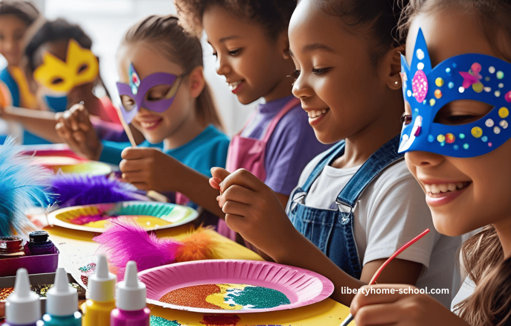Top 12 Easy Art Projects for 10-Year-Olds at Home (Low-Cost & Fun DIY Crafts) 12 Colorful painted paper plate masks with string for wearing