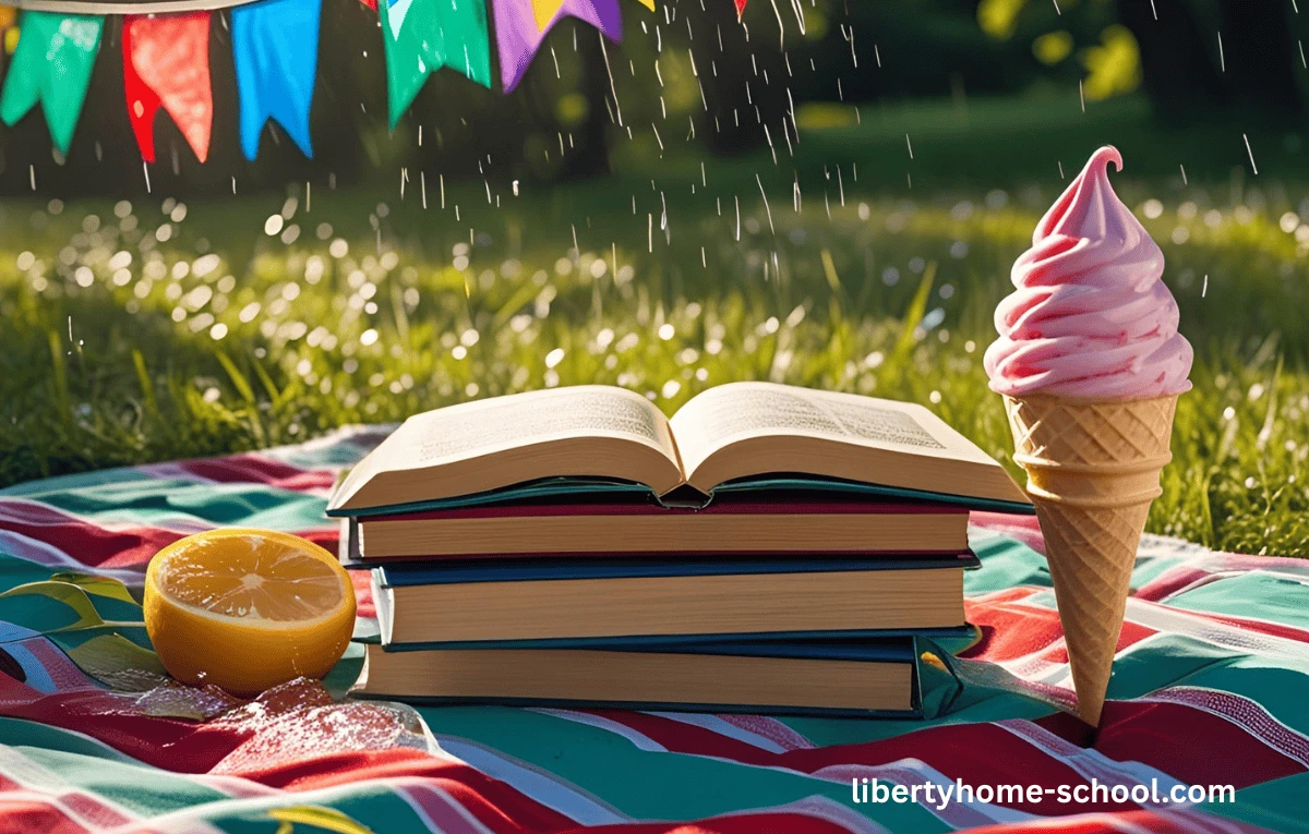 Colorful summer scene with sunshine, open books, U.S. flags, and ice cream cones, symbolizing fun and educational homeschool activities. July Homeschool Unit Study