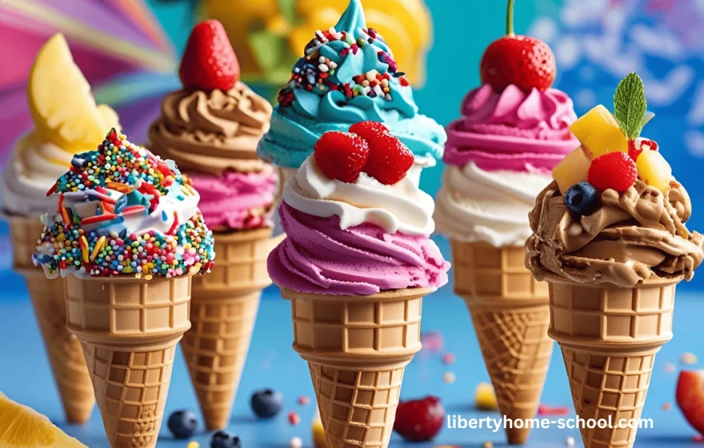 Colorful summer scene with sunshine, open books, U.S. flags, and ice cream cones, symbolizing fun and educational homeschool activities. July Homeschool Unit Study