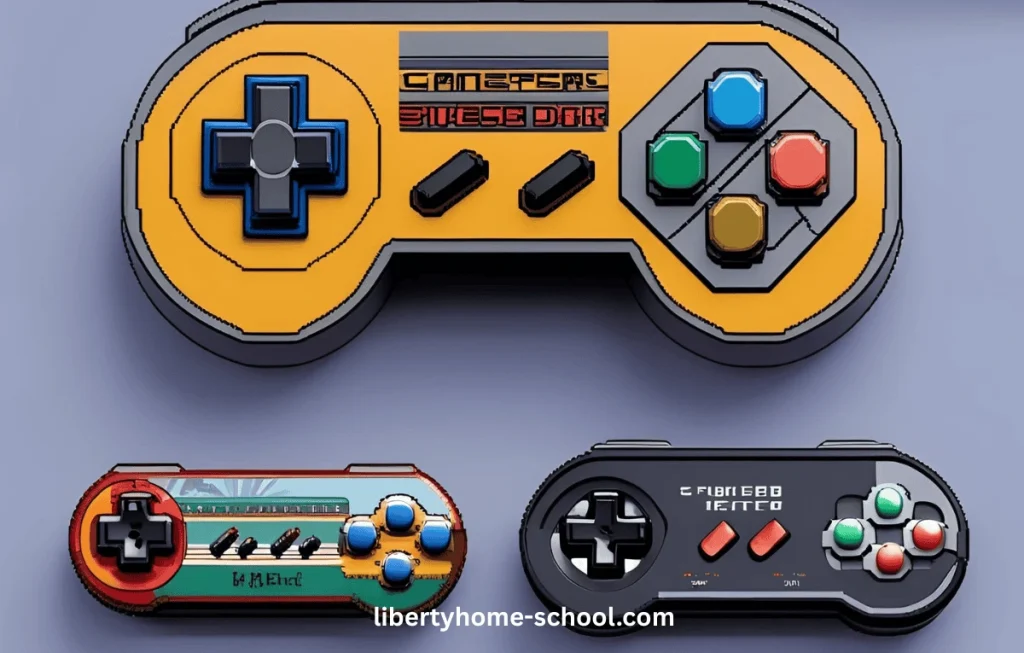 Pixel-style video game controller and characters with a retro arcade theme, celebrating learning through gaming.