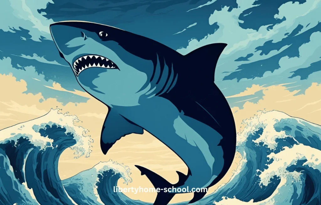 Silhouette of a shark swimming in ocean waves with coral and bubbles, set against a deep blue underwater background.