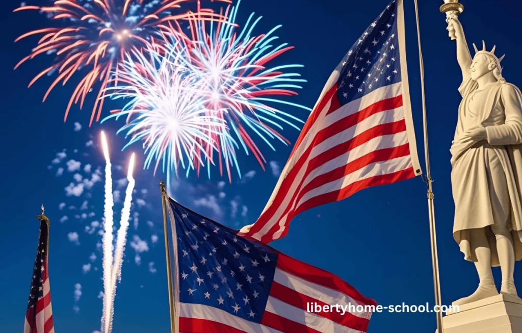 American flag waving with colorful fireworks in the sky and history icons like the Liberty Bell and Declaration scroll.