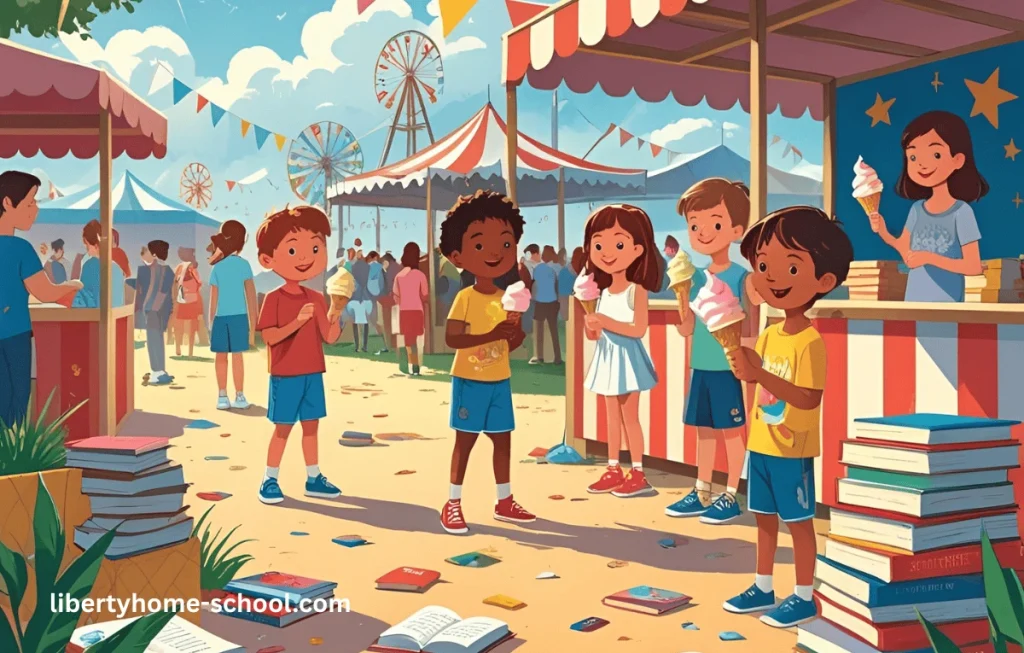 Colorful summer scene with sunshine, open books, U.S. flags, and ice cream cones, symbolizing fun and educational homeschool activities.