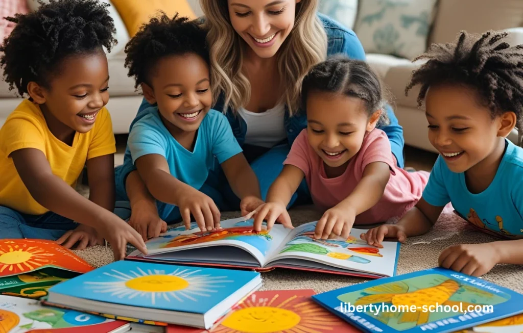 Smiling kids doing homeschool activities with their mom, surrounded by books, crafts, and nature study tools during August Unit Studies