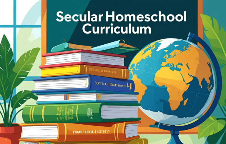 A stack of books and study guides used in a secular homeschool curriculum
